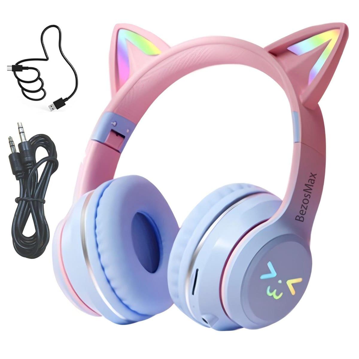 BezosMax Cat Ear Bluetooth Wireless Headphones, Built-in Mic & RGB Light - Blue image 1