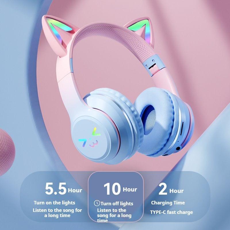 BezosMax Cat Ear Bluetooth Wireless Headphones, Built-in Mic & RGB Light - Blue image 2