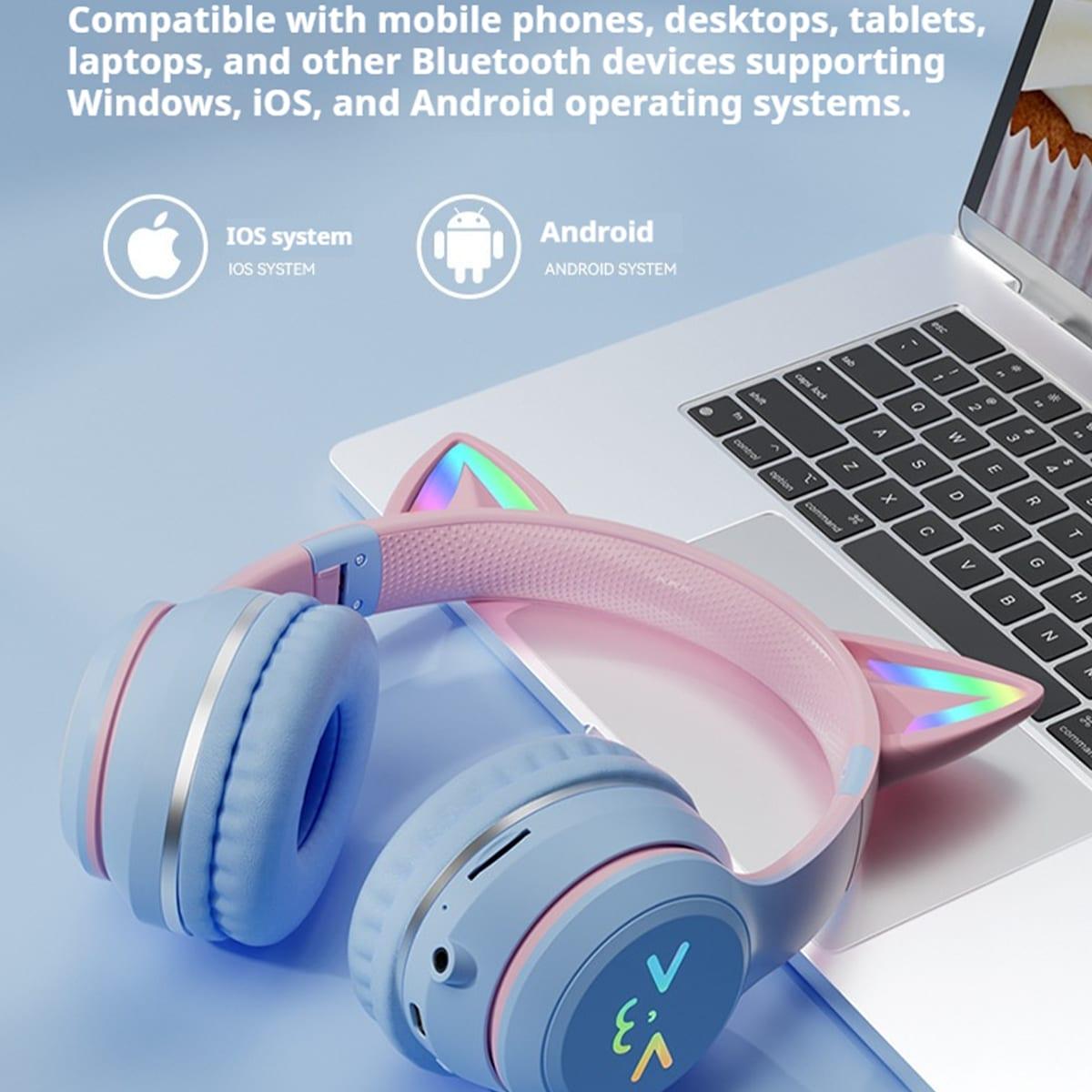 BezosMax Cat Ear Bluetooth Wireless Headphones, Built-in Mic & RGB Light - Blue image 3