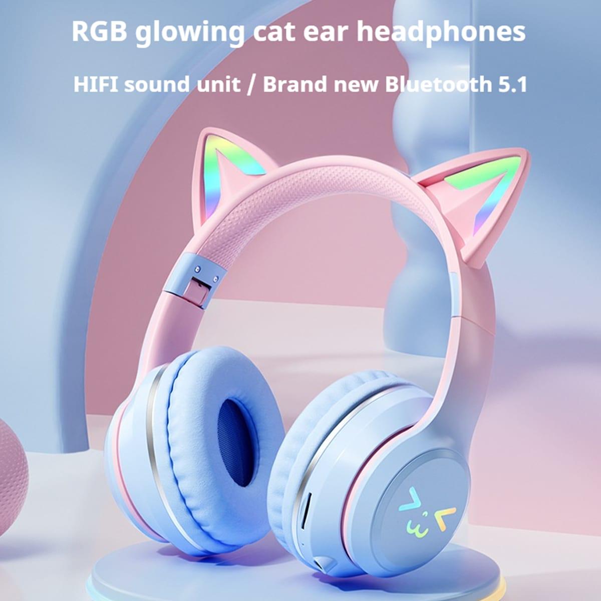 BezosMax Cat Ear Bluetooth Wireless Headphones, Built-in Mic & RGB Light - Blue image 4