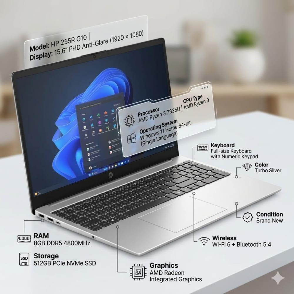 HP 255R G10 15.6" Laptop - AMD Ryzen 3 7335U, 8GB RAM, 512GB SSD,Windows 11 image 4