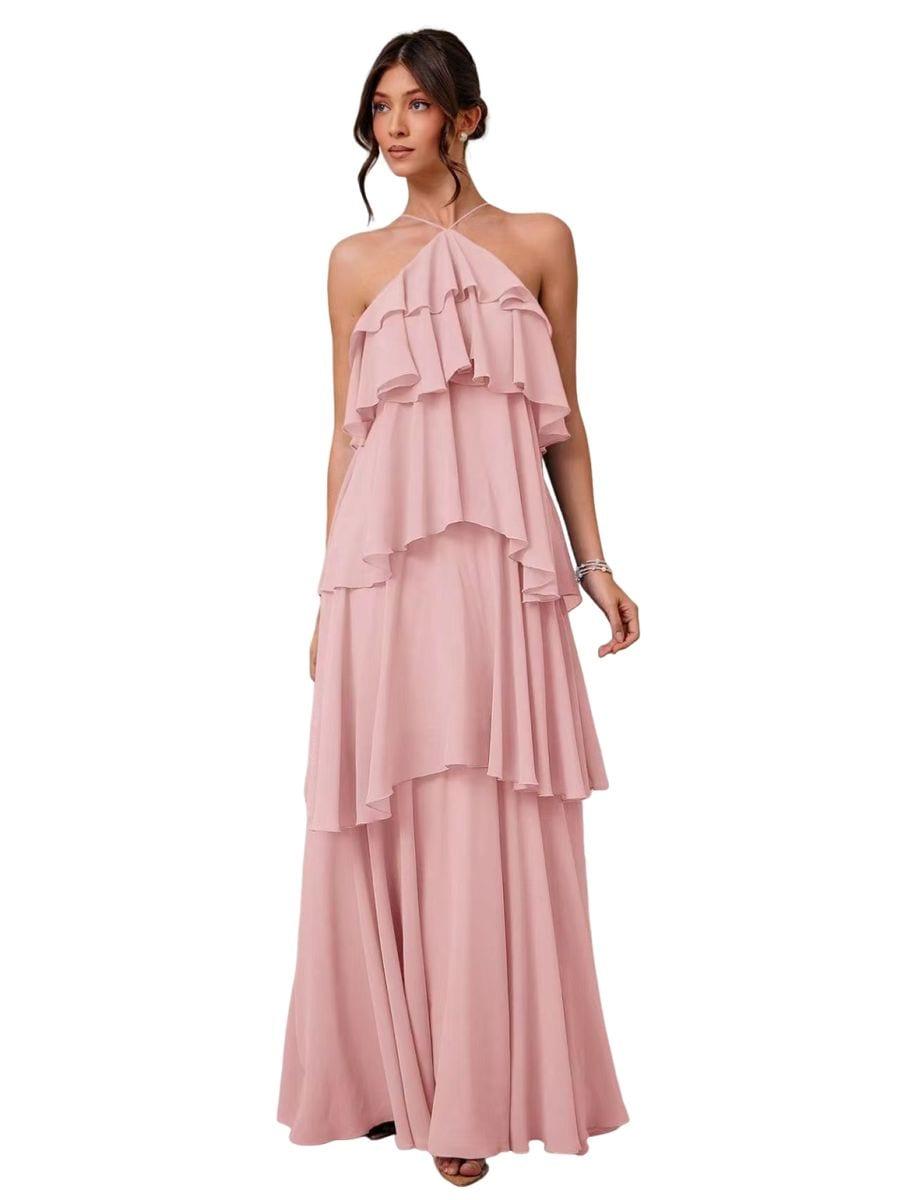 Women Pink Polyester Dress Floor Dress