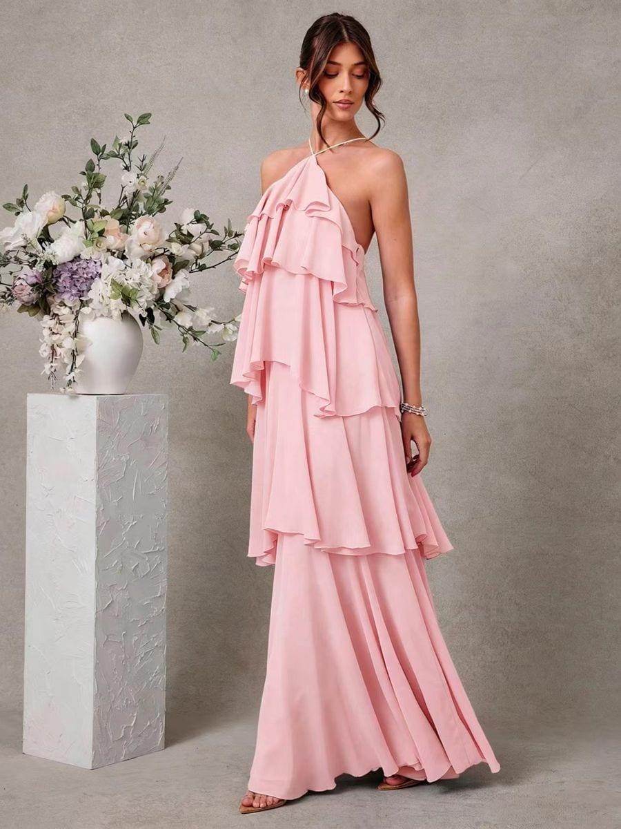 Women Pink Polyester Dress Floor Dress image 2