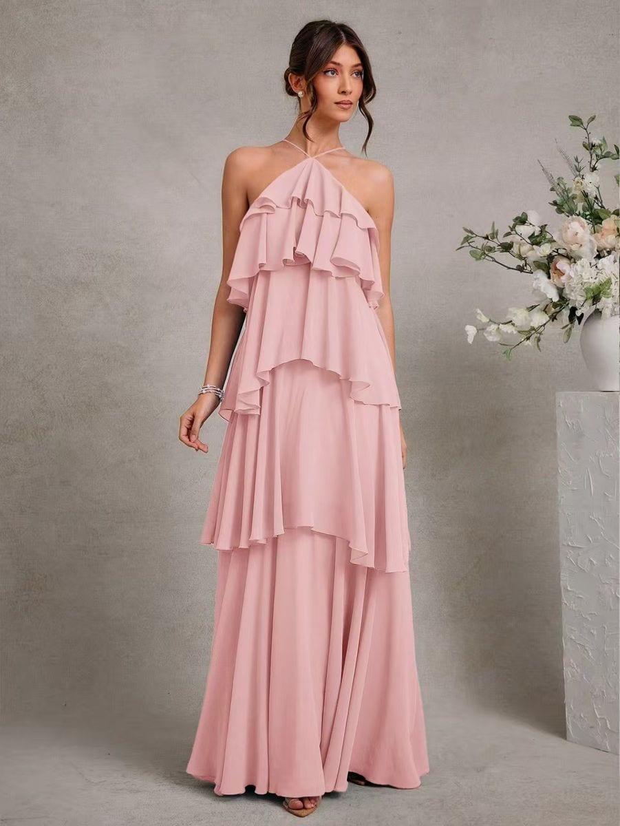 Women Pink Polyester Dress Floor Dress image 4