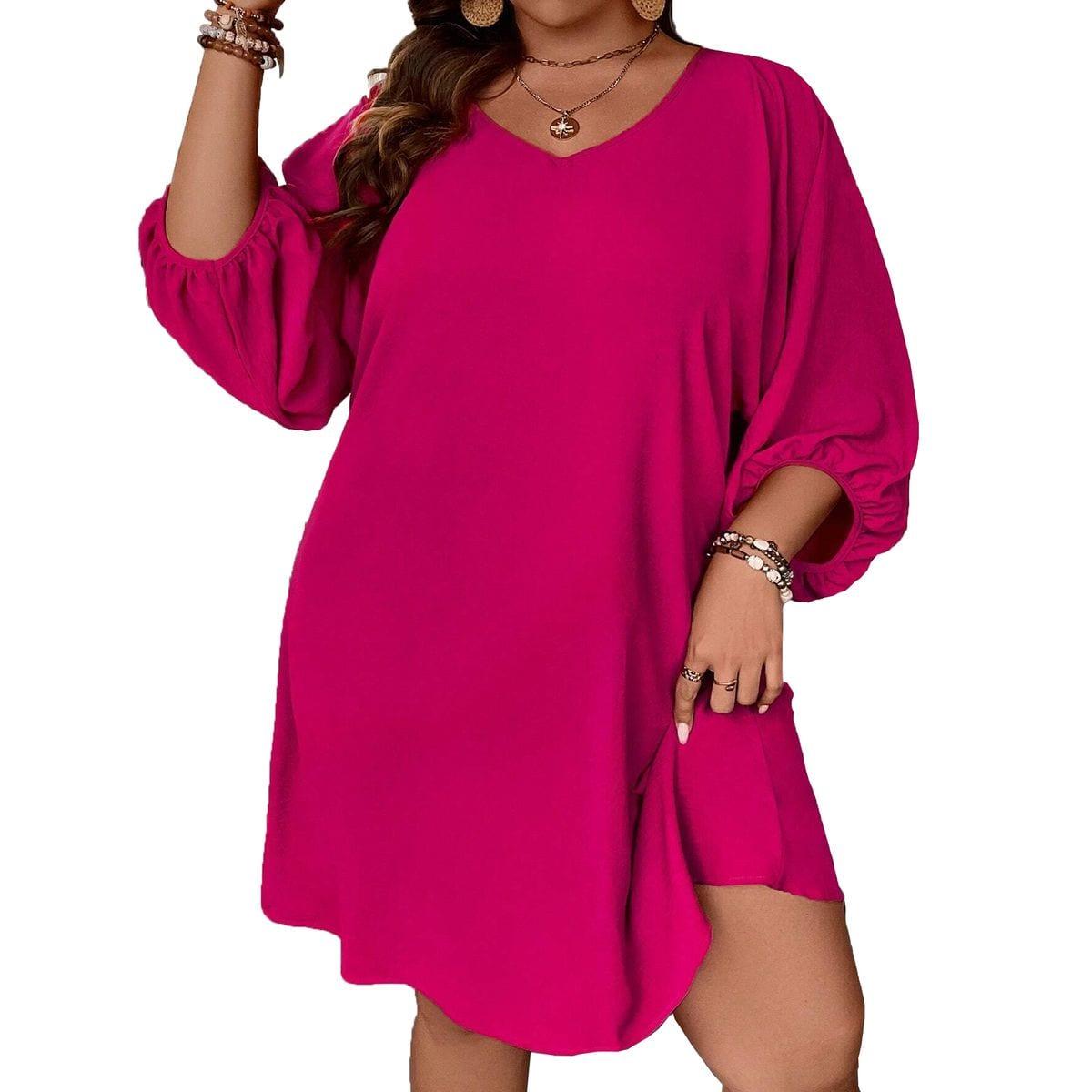 Women's Long Sleeve Dress Solid Color V Neck Puff Sleeve Loose Mini Dresses