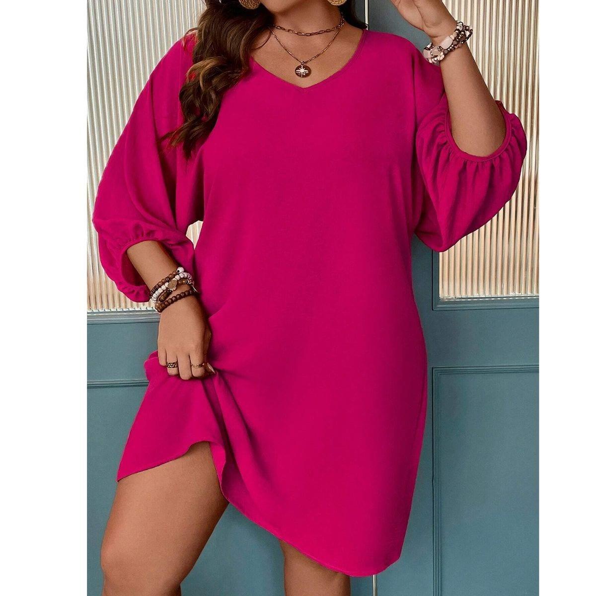 Women's Long Sleeve Dress Solid Color V Neck Puff Sleeve Loose Mini Dresses image 4