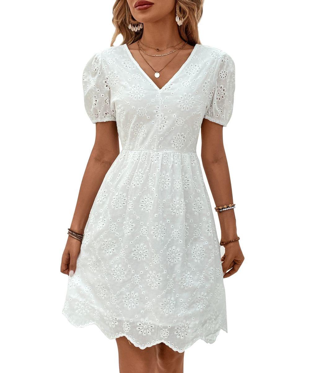 Women's Summer V-Neck Eyelet Casual Dress - White image 1