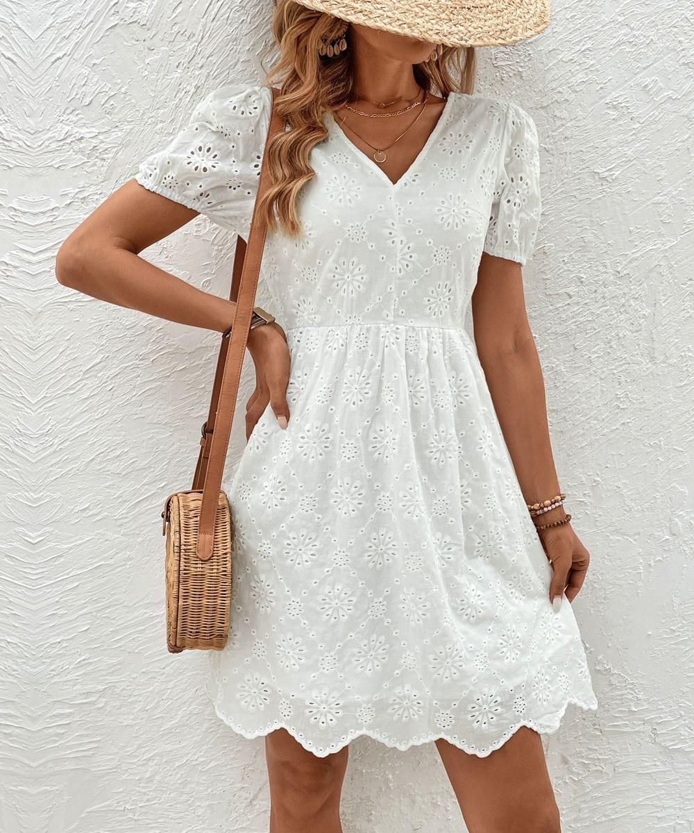 Women's Summer V-Neck Eyelet Casual Dress - White image 4