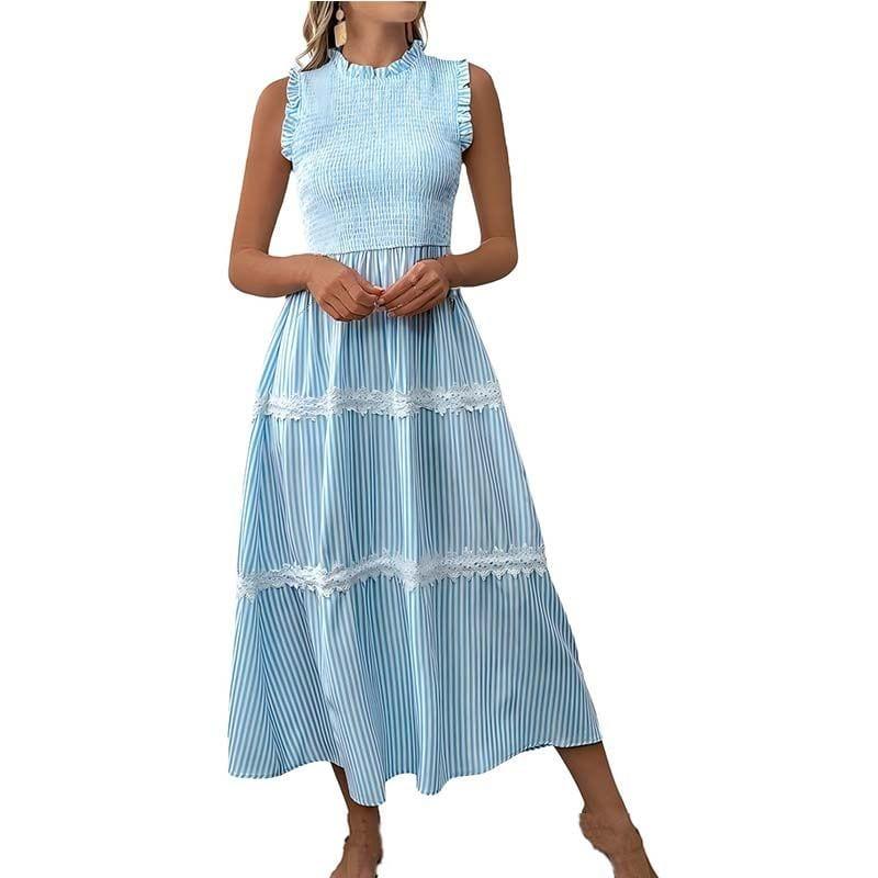 New Resort Casual Sweet Style Women's Lace Floral Sleeveless Striped Dress image 1
