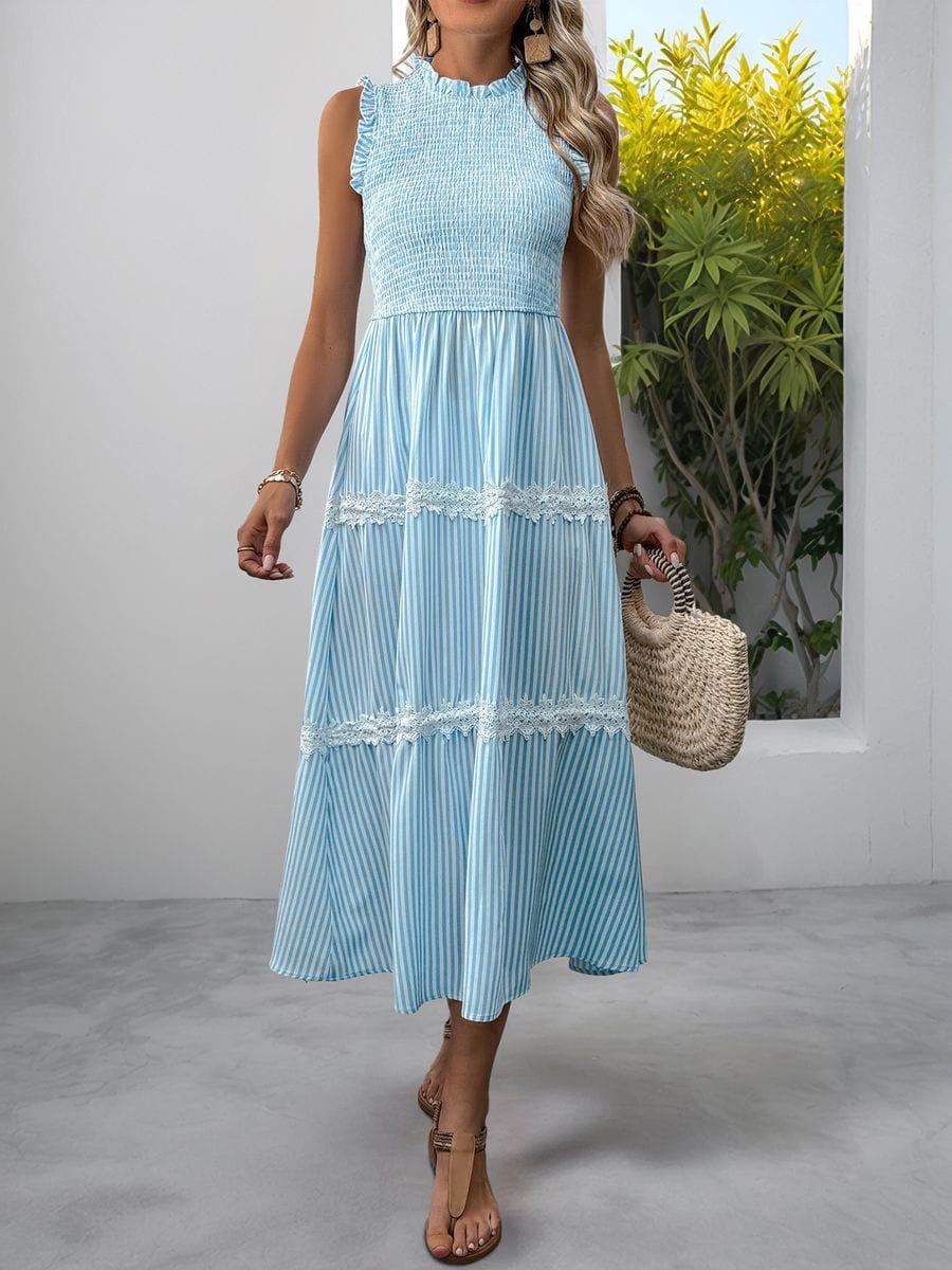 New Resort Casual Sweet Style Women's Lace Floral Sleeveless Striped Dress image 3