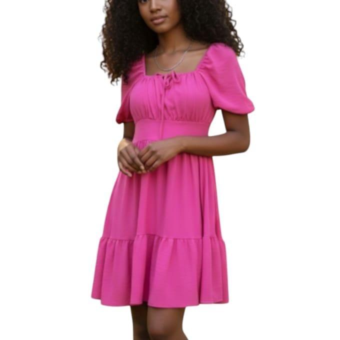 Tie Front Square Neck Casual Mini Dress Hot Pink