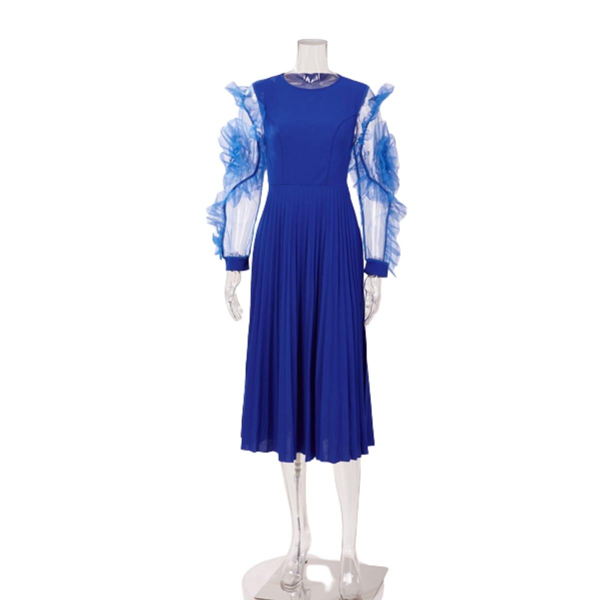 Lindavio's Casual Slight Stretch Stitching Mesh Pleated Midi Dress Quality - L image 3