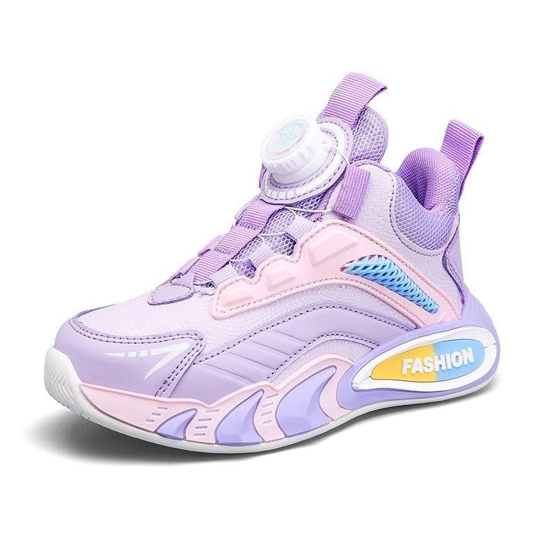 Kids Girls Purple Running Sneakers - Easy Button Fastening Casual Shoes